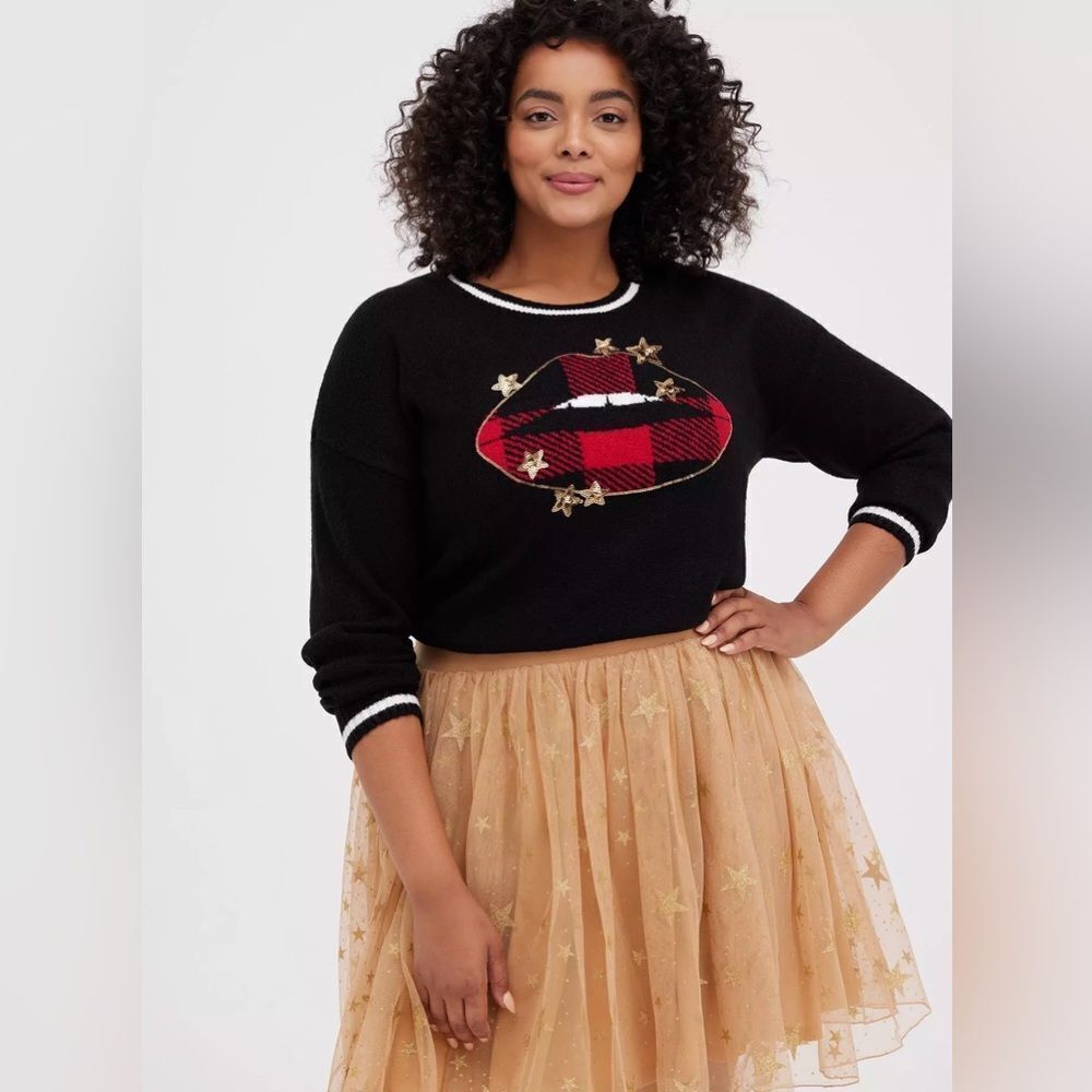 TORRID Sweater Plaid Lips Black Maroon Red Gold Sequins Stars